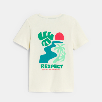 تيشيرت بطبعة عبارة وزخارف أوراق الشجر في الأمام والخلف أوف وايت للأولاد